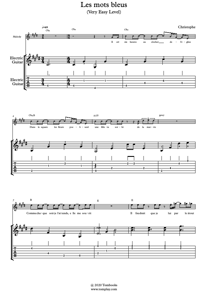 Tablatures Et Partition Guitare Les Mots Bleus (Niveau destiné Mots Chansons Titounis