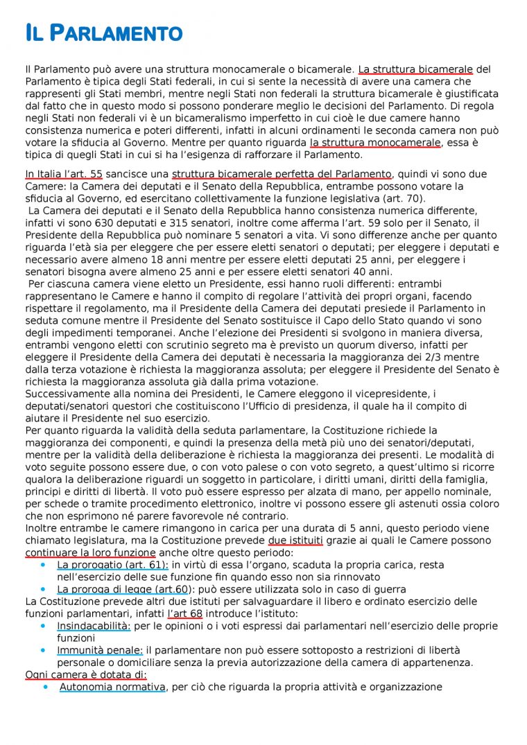 V – Il Parlamento – Riassunto – Diritto Pubblico destiné Il Parlamento Struttura