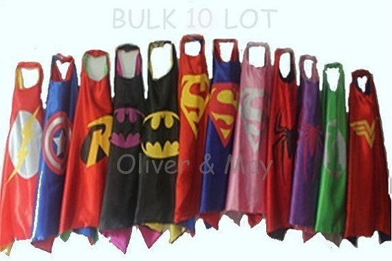 10 X Superhero Capes Mix Kids Superman Batman Spiderman Captain America avec Robin Super Girl Imprimer