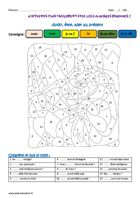 Avoir, Être, Aller Au Présent – Ce1 – Coloriage Magique – Pass Education à Passé Composé Coloriage Magique