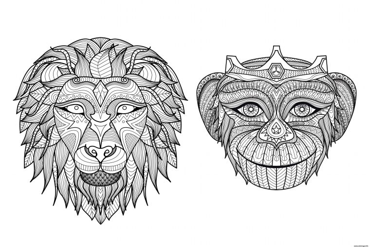 Coloriage Adulte Tetes Singe Lion Dessin Adulte Animaux À Imprimer destiné Coloriage Mandala Lion À Imprimer