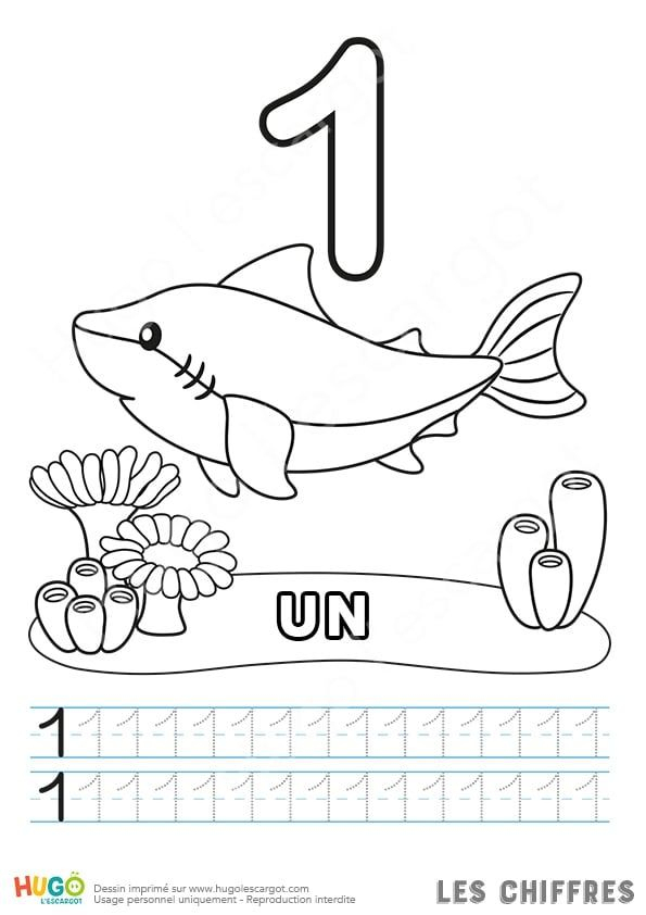 Coloriage Et Illustration Du Chiffre 1, Le Requin. Apprends À Écrire Le dedans Hugo L&#039;Escargot Baleine