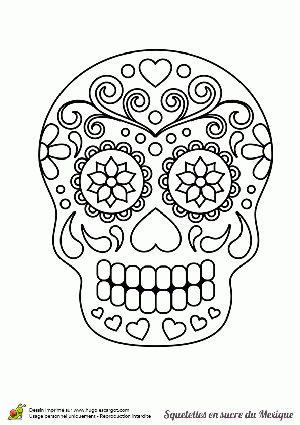 Coloriage Squelette Sucre Coeurs Soleil Sur Hugolescargot pour Dessin A Colorier Facile Tete De Mort