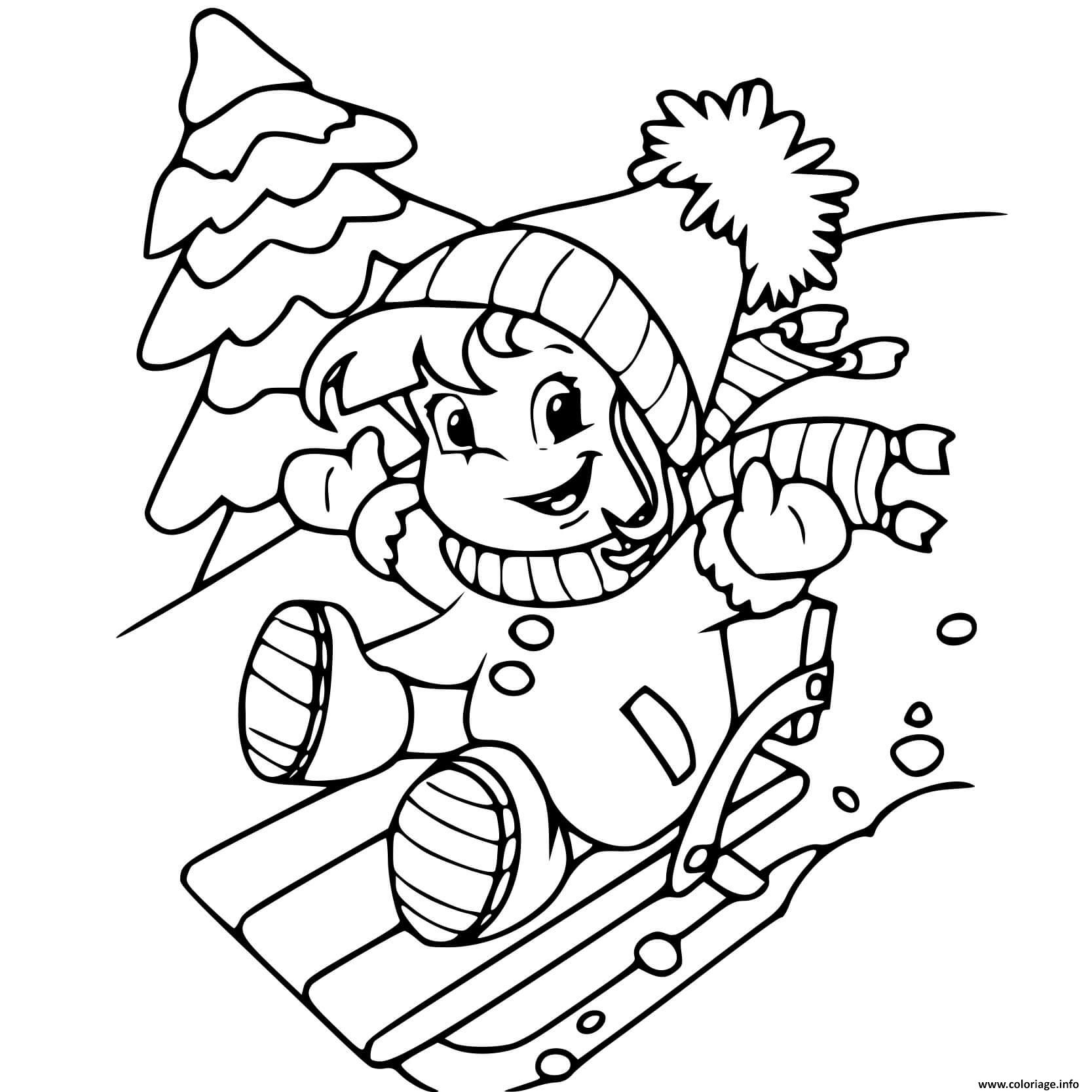 Coloriage Une Petite Fille Glisse Sur Une Montagne De Neige En Hiver pour Dessin A Colorier Facile