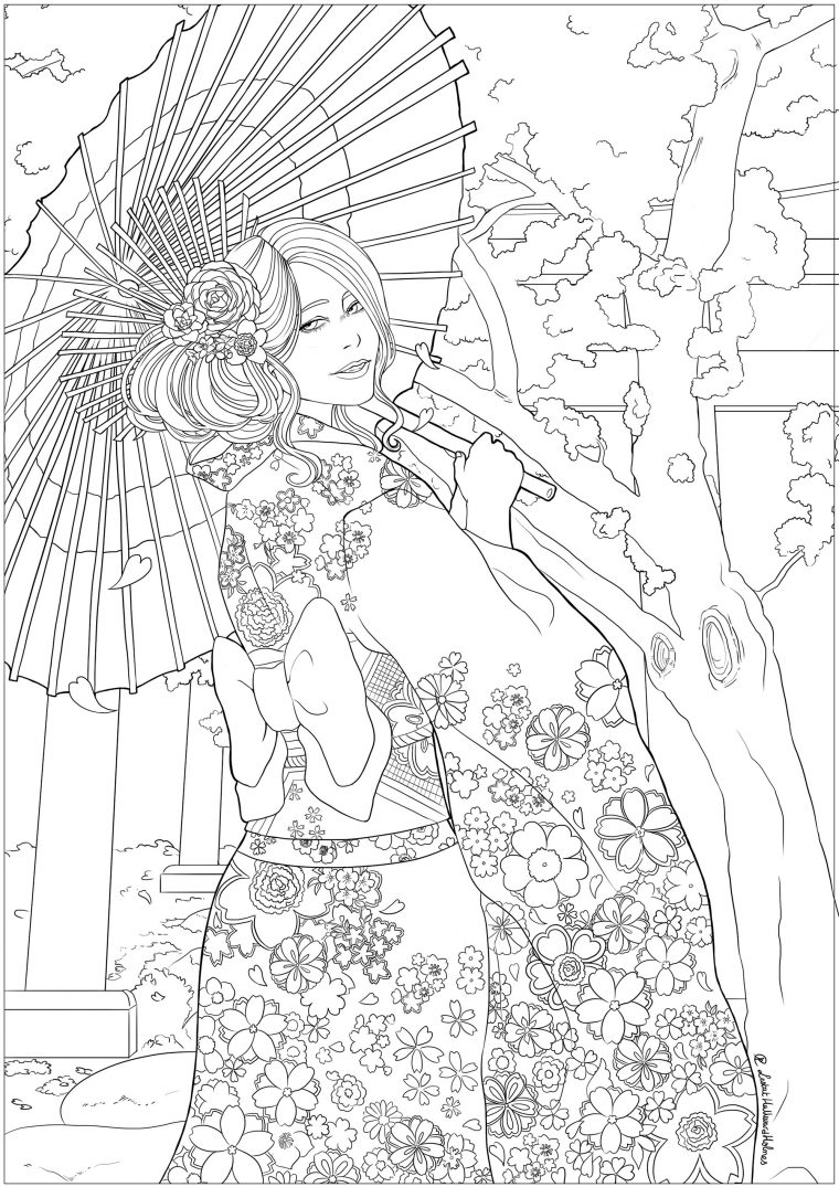 Japonaise Célébrant Le Hanami – Japon – Coloriages Difficiles Pour Adultes serapportantà Coloriage Mandala Japonais