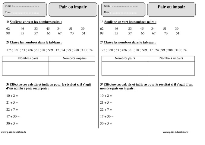 Pair Ou Impair – Ce1 – Exercices Corrigés – Numération – Mathématiques avec Image De  Nombre Pair Et Impair A Imprimer