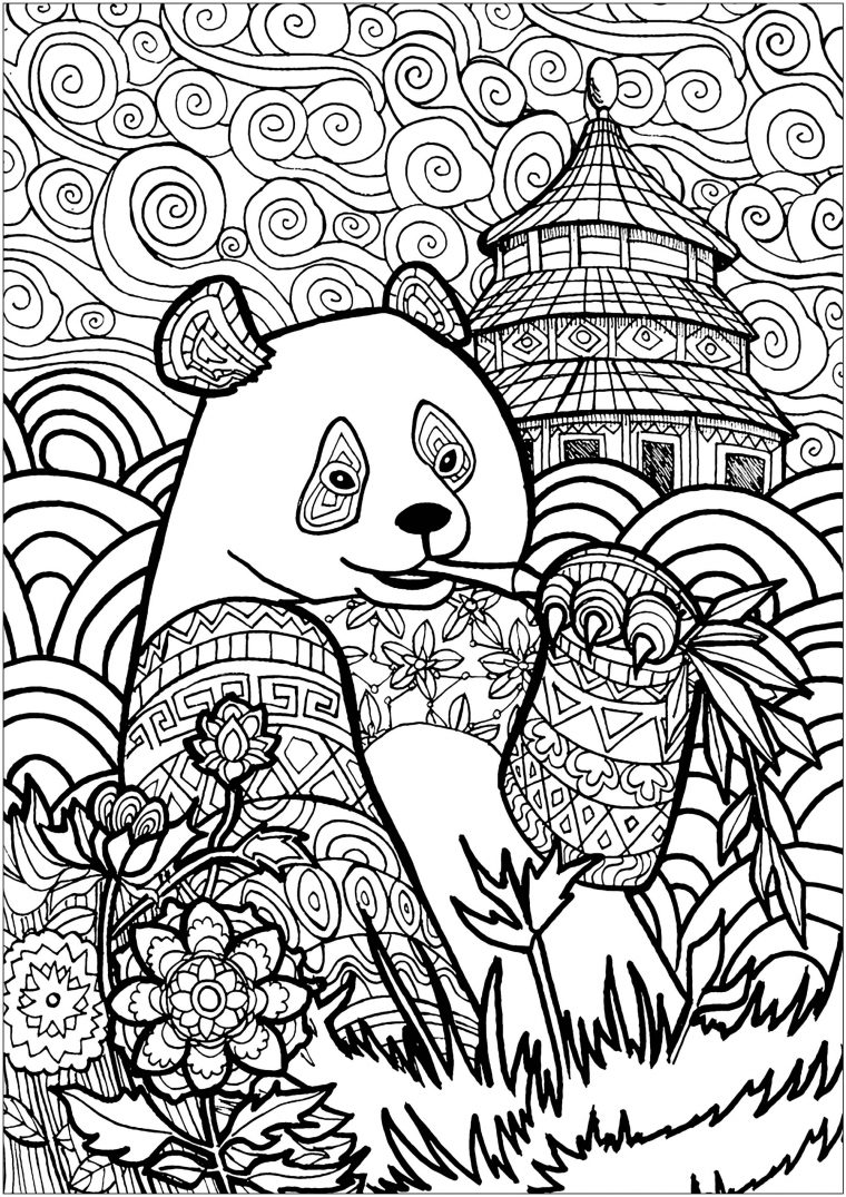Panda En Chine – Pandas – Coloriages Difficiles Pour Adultes dedans Coloriage Mandala Jungle A Imprimer