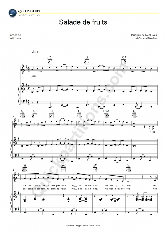 Partition Piano Salade De Fruits – Bourvil (Partition Digitale) serapportantà Paroles Tout Les Lacgume