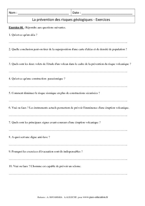 Prévention Des Risques Géologiques - 4Ème - Exercices Corrigés intérieur Fiche Sciences Remacdiatiion Pdf