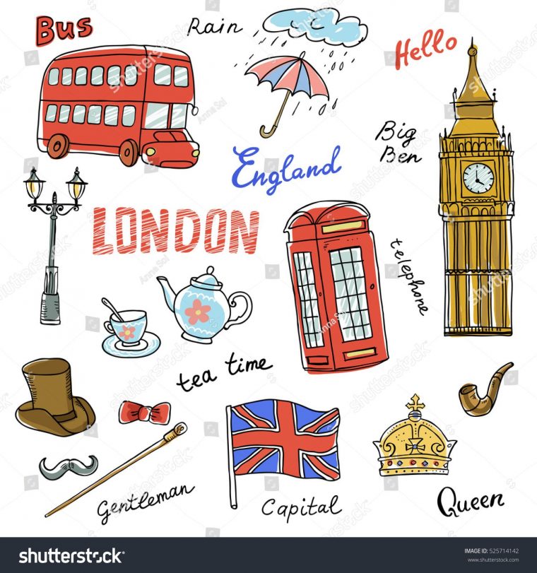 Set Of England Symbols,Landmarks.travel Icons.hand Drawn Set With Crown à Big Ben Dessin Page De Garde En Couleur