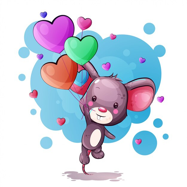 Souris De Dessin Animé Mignon Avec Des Ballons De Coeur | Vecteur Premium intérieur Souris De Dessin Animac