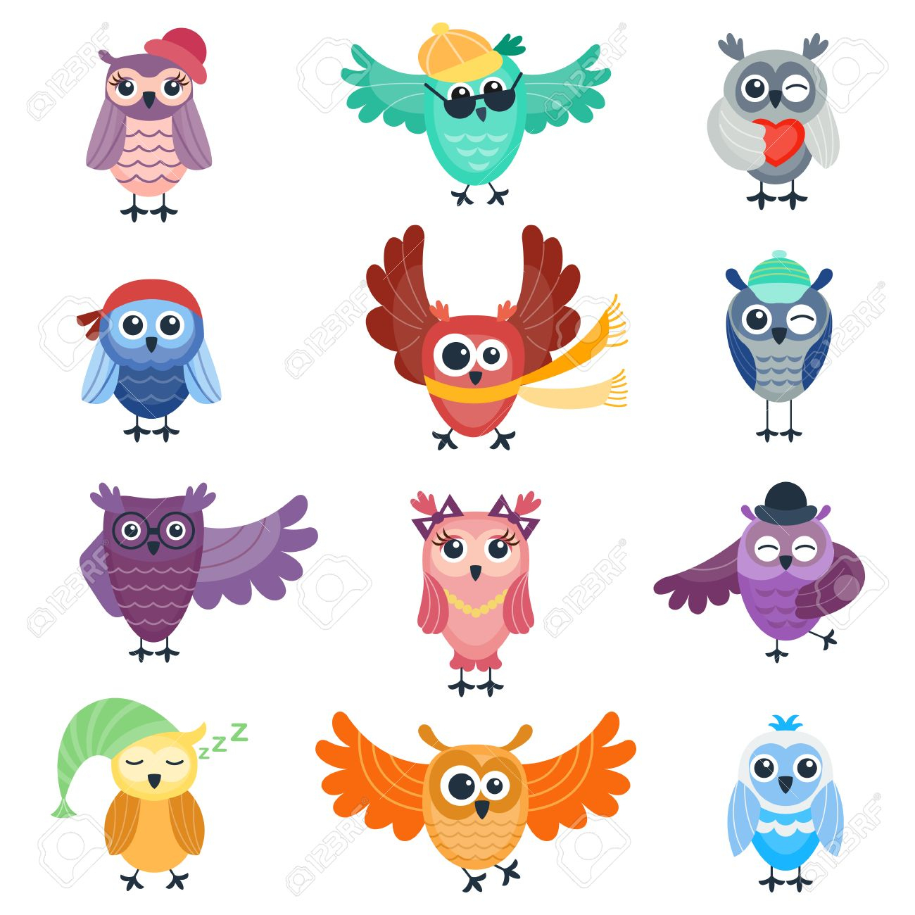 Collection De Vecteur Mignon De Hiboux De Bande Dessinée. Animal Dessin