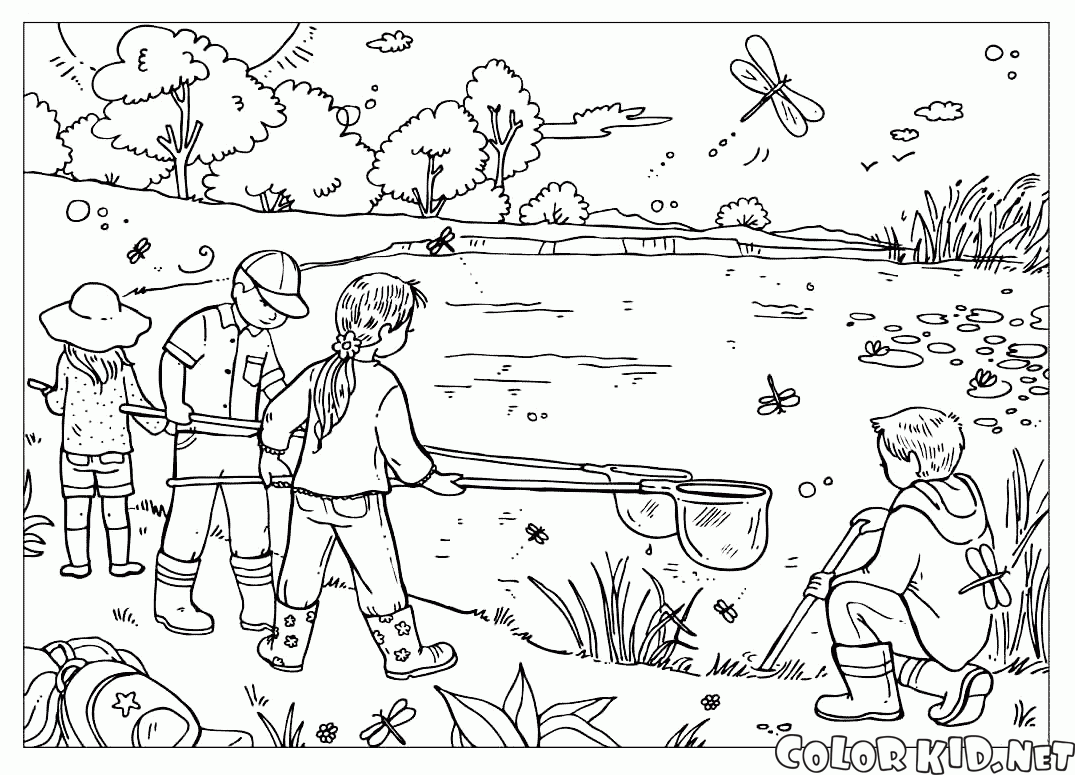 Coloring page - Children at the lake