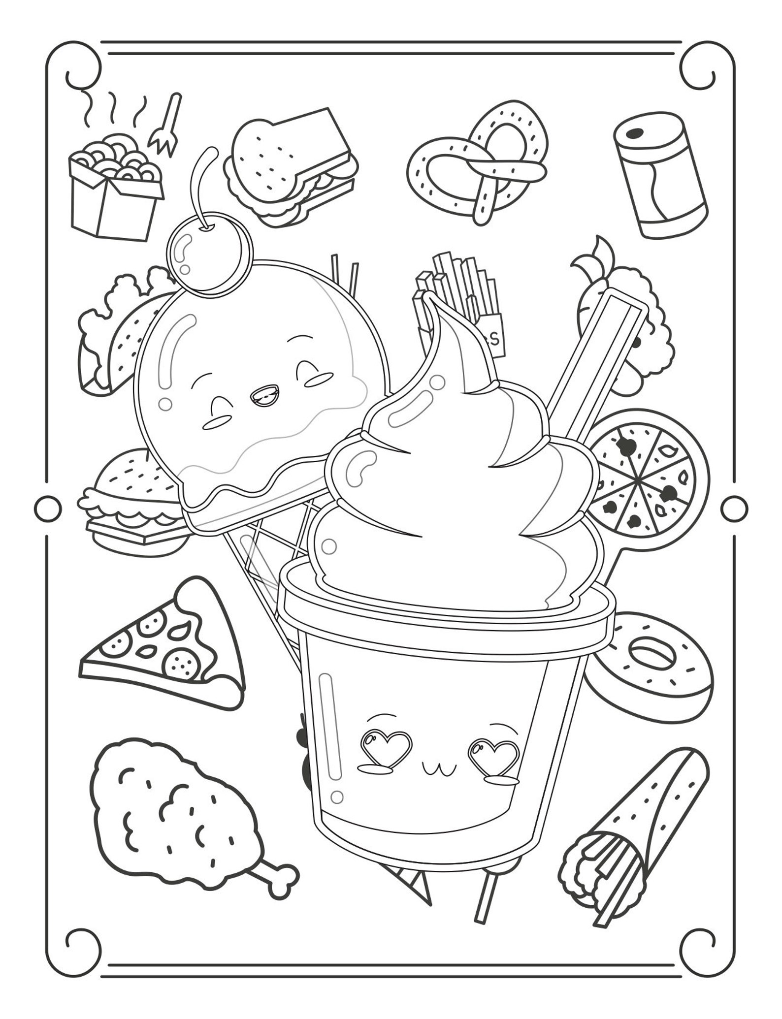 30 Kawaii Food Coloring Pages | Etsy