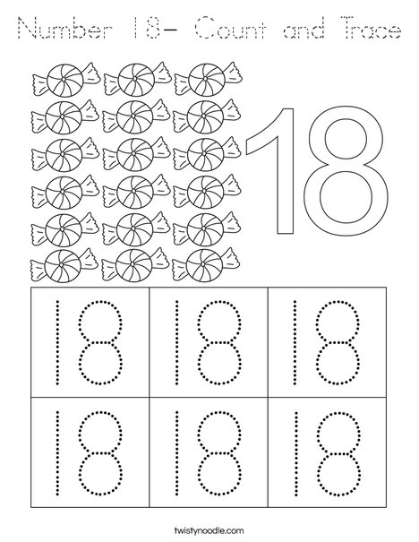 Number 18- Count and Trace Coloring Page - Tracing - Twisty Noodle