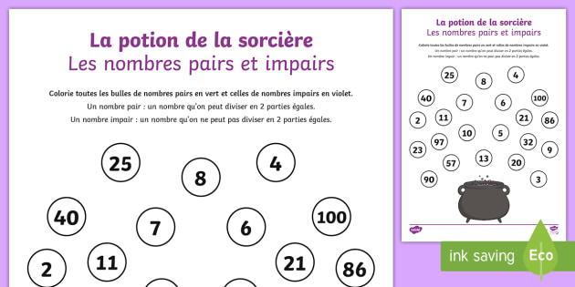 Feuille d'activités : La potion de nombres pairs et impairs