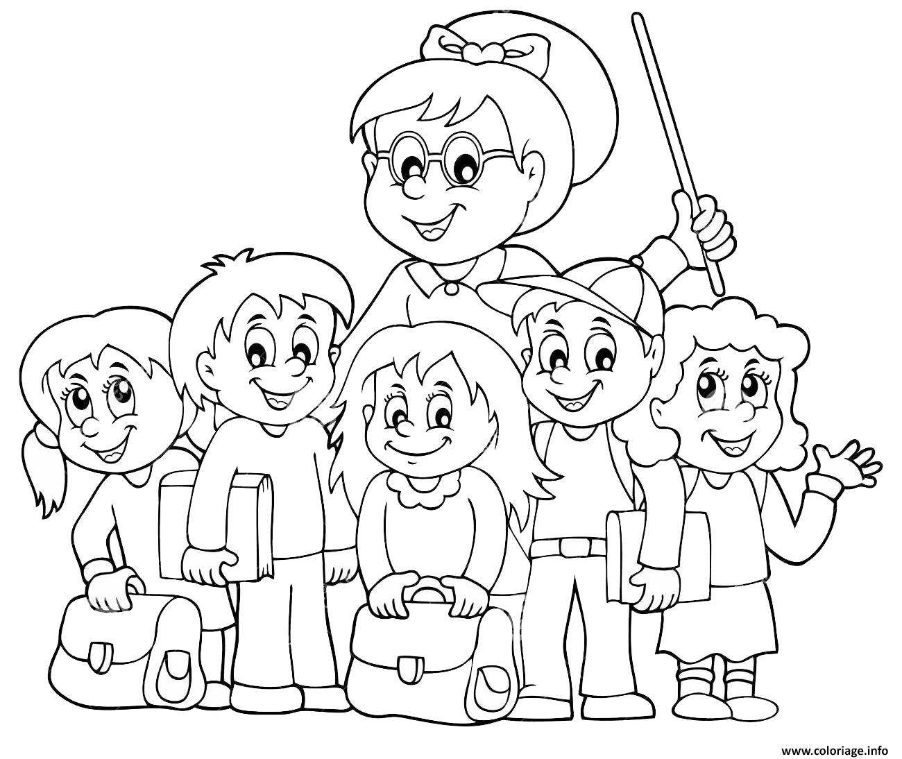Coloriage Rentree Scolaire Enseignante Et Ses Eleves Dessin Ecole à