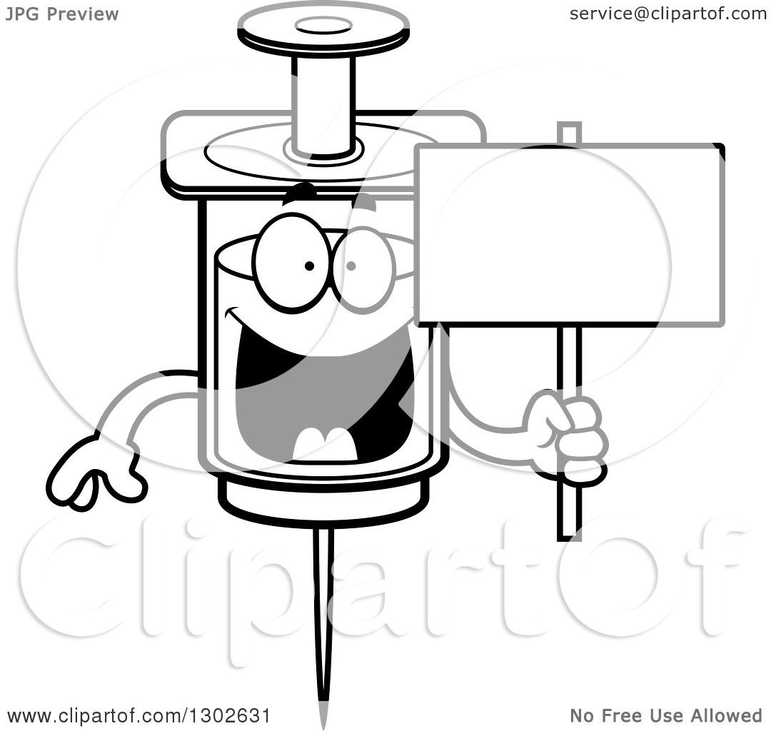 Lineart Clipart of a Cartoon Black and White Happy Vaccine Syringe