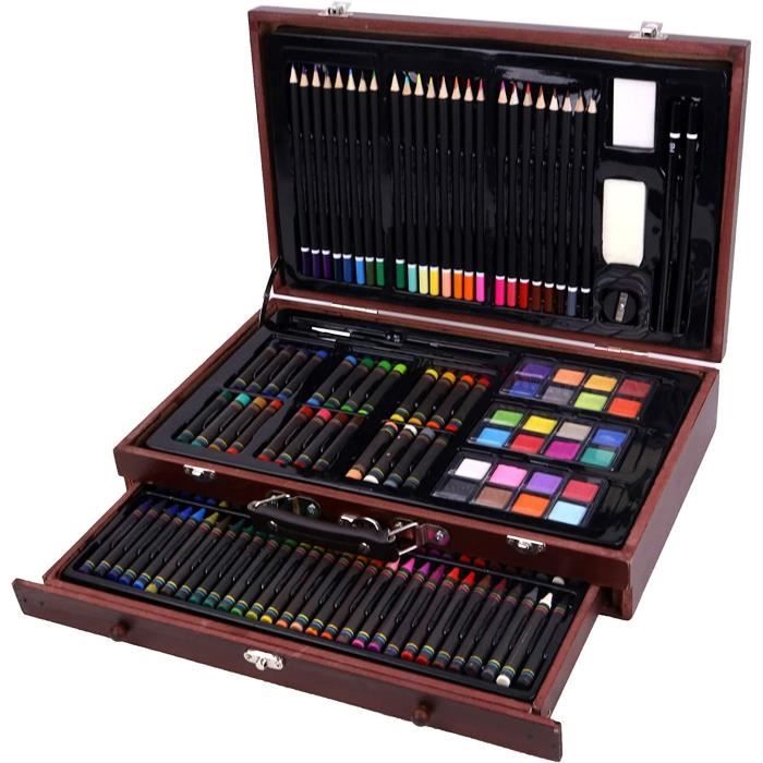 Mallette en bois 140 pièces de coloriage et dessin, peinture et pastel
