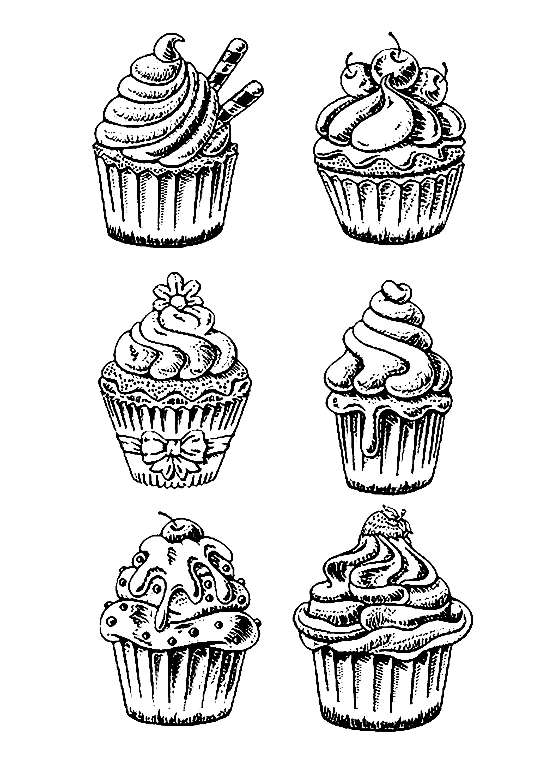 Six bons cupcakes - Cupcakes et gâteaux - Coloriages difficiles pour