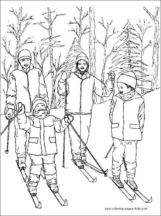 Family Skiing color page - Coloring pages for kids - Sports coloring
